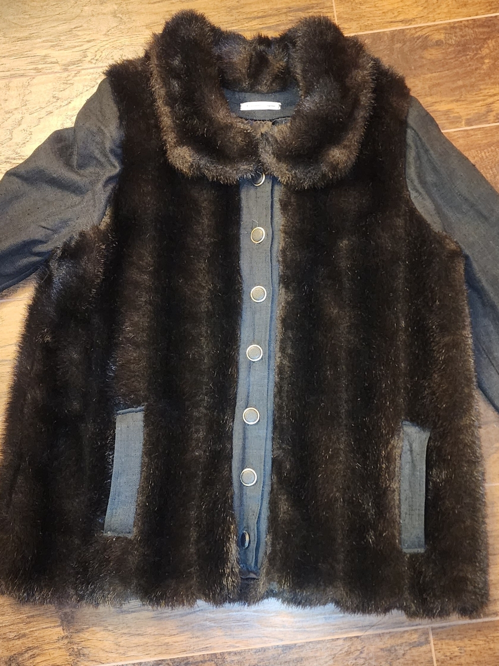 Fabulous Furs Black Faux Fur Vest with Linen Trim